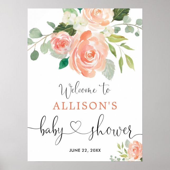 Affiche Signe de bienvenue pour baby shower floral verdure (Devant)