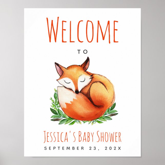 Affiche Signe de bienvenue pour Baby Shower Renard endormi (Devant)