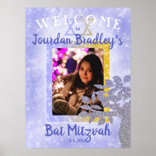 Affiche Signe de bienvenue pour Bat Mitzvah bleu et or