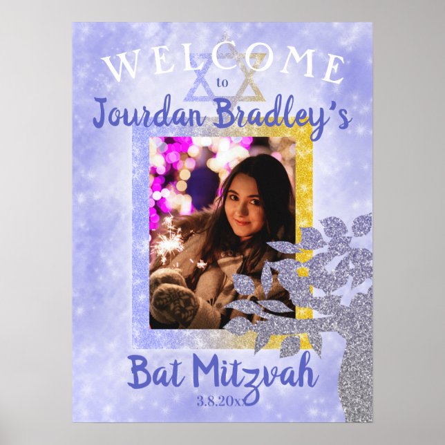 Affiche Signe de bienvenue pour Bat Mitzvah Bleu & Or (Devant)