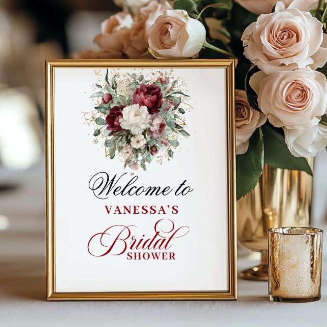 Affiche Signe de bienvenue pour une douche de mariée Boho  (Boho Blush Burgundy Bridal Shower Welcome Sign)
