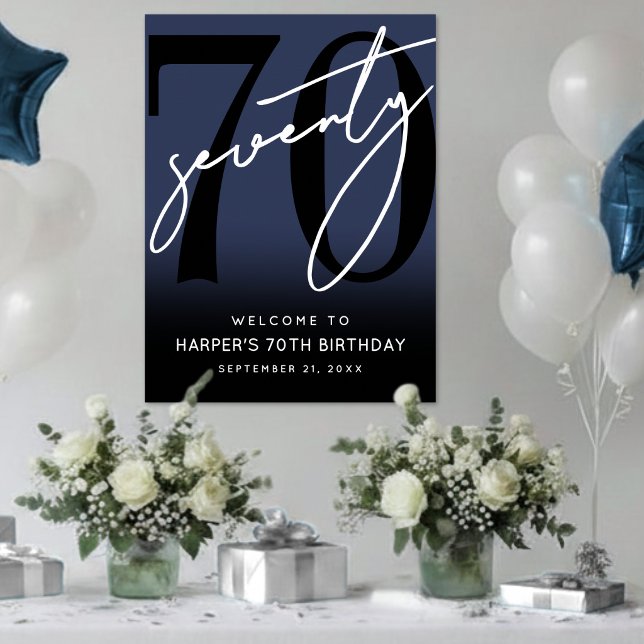Affiche Signe de bienvenue pour une fête d'anniversaire de (Navy Blue 70th Birthday Party Welcome Sign )