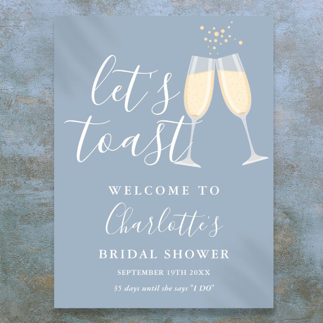 Affiche Signe de bienvenue pour une fête de fiançailles Du (Let's Toast Bridal Shower Dusty Blue Welcome Sign)