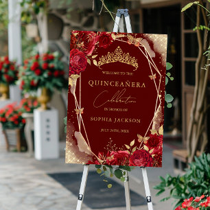 Affiche Signe de Bienvenue Red Gold Floral Rose Quinceaner