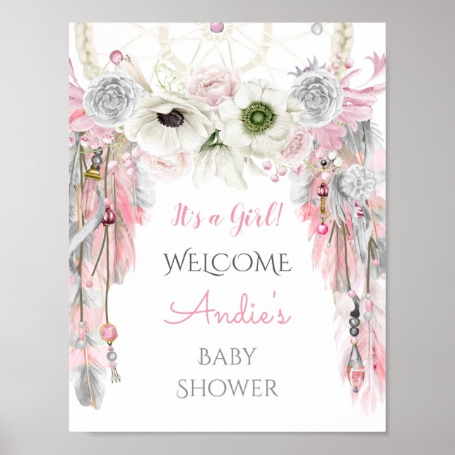 Affiche Signe de bienvenue tribal boho attrape-rêves rose  (Devant)