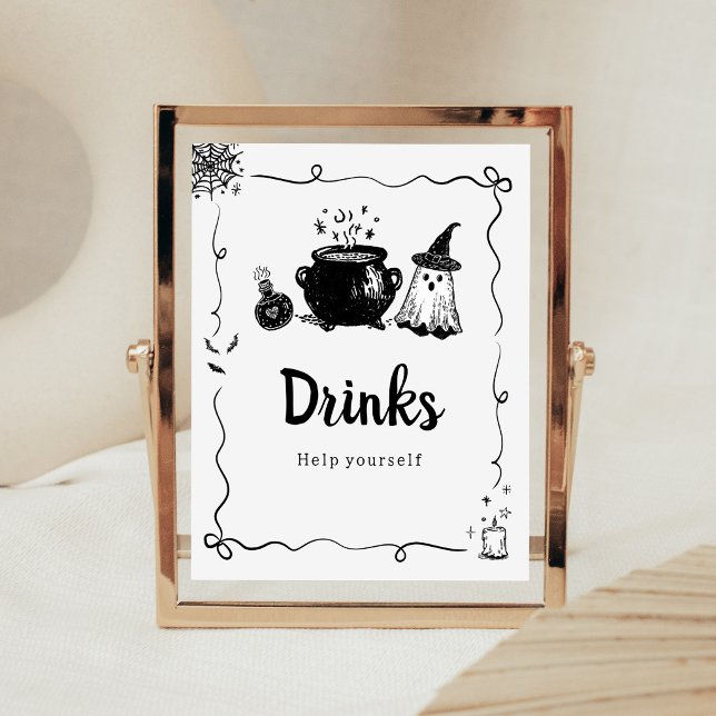 Affiche Signe de boissons Halloween Baby is Brewing (Hand Drawn A Baby is Brewing Baby Shower Drinks Sign)