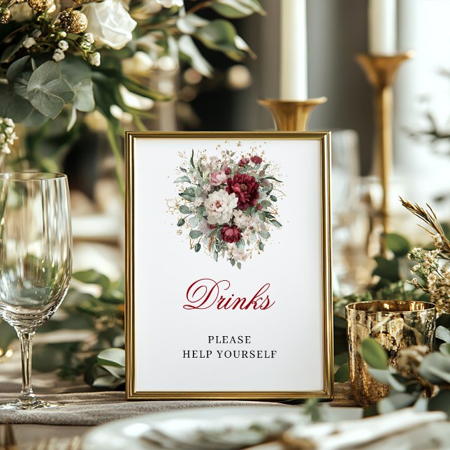 Affiche Signe de Buissons de Mariage Marsala Rouge Boisson (Marsala Blush Burgundy Drinks Bridal Shower Sign)
