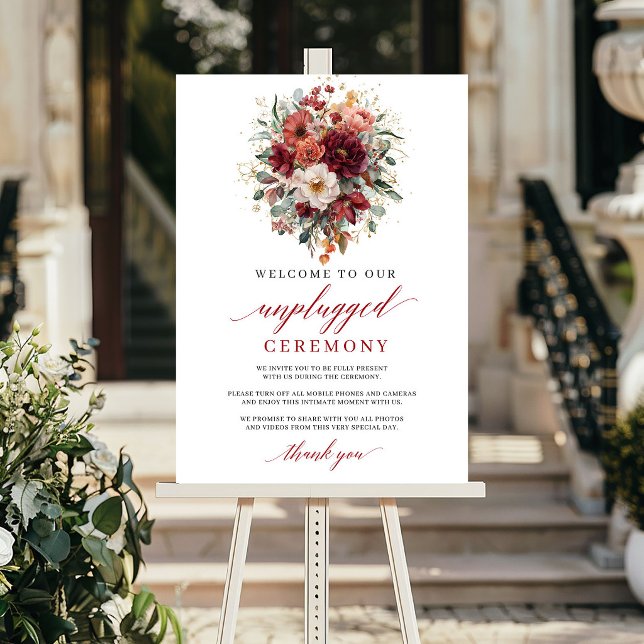 Affiche Signe de cérémonie débranchée Boho Bourgogne Autom (Burgundy Fall Marsala Unplugged Ceremony Sign Design

)