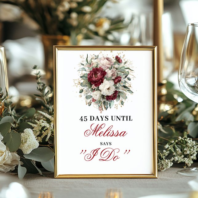 Affiche Signe de compte à rebours Boho Blush Burgundy Dais (Celebrate the excitement before the big day with this elegant Bridal Shower Countdown Sign / Poster,)
