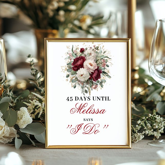 Affiche Signe de compte à rebours de mariage opulent blush (Opulent Blush Burgundy Countdown Sign Decor)