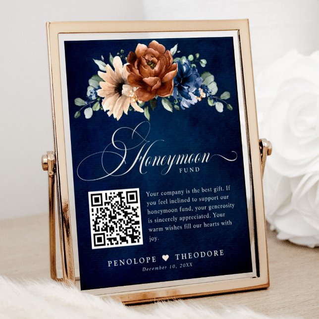 Affiche SIGNE DE FONDS DE LUNE DE MIEL Mariage bleu de la  (Honeymoon fund wedding sign with terracotta and navy florals)