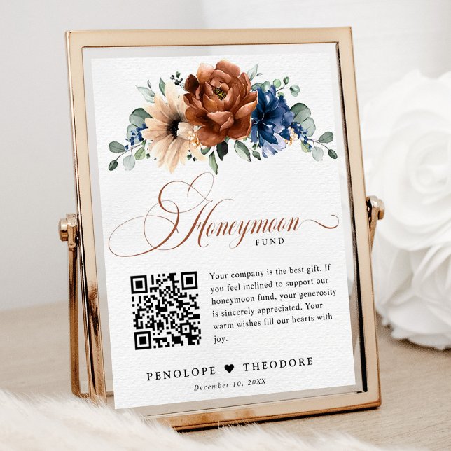 Affiche SIGNE DE FONDS DE LUNE DE MIEL Mariage bleu de la  (Honeymoon fund QR code sign with terracotta and navy flowers)