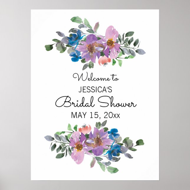 Affiche Signe de la douche de mariage floral rose pourpre (Devant)