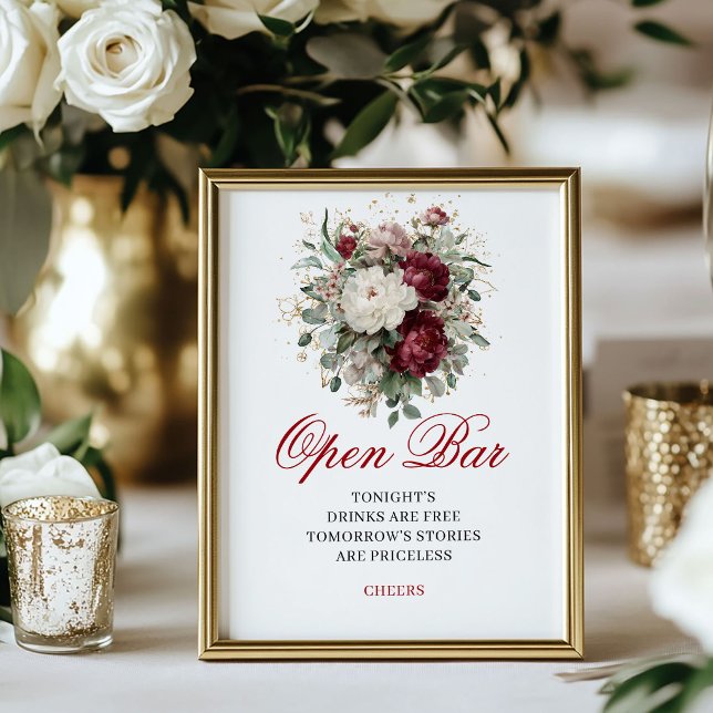 Affiche Signe de mariage de bar ouvert Burgundy Blush magn (Beautiful Blush Burgundy Open Bar Wedding Sign)