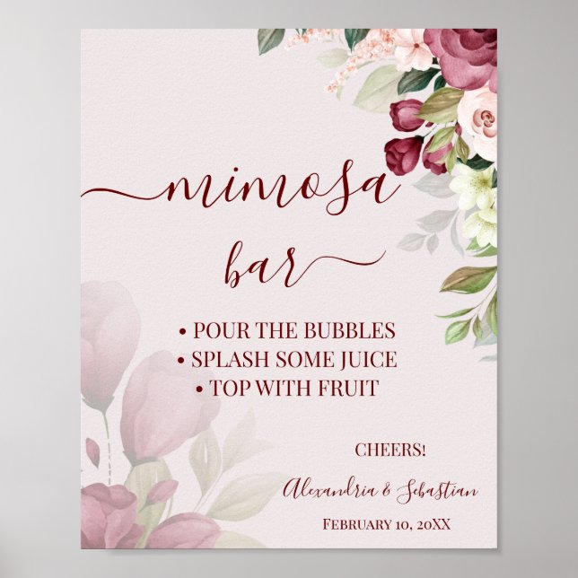 Affiche Signe de mariage Floral Roses Mimosa Bar (Devant)