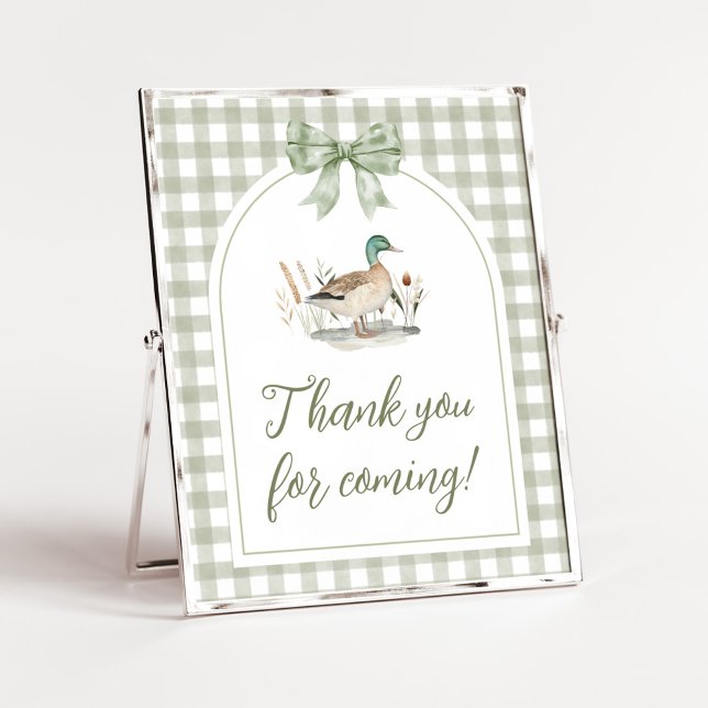 Affiche SIGNE DE Merci Baby shower Mallard (Sage Green Gingham Mallard Duck Hunting Country Baby Shower Sign)