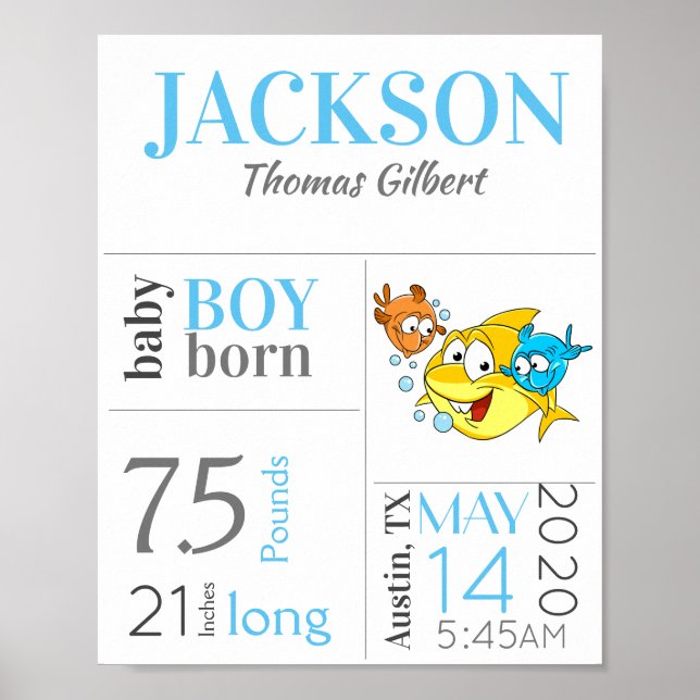 Affiche SIGNE DE NAISSANCE Bébé Bleu avec Bébé requin (Devant)