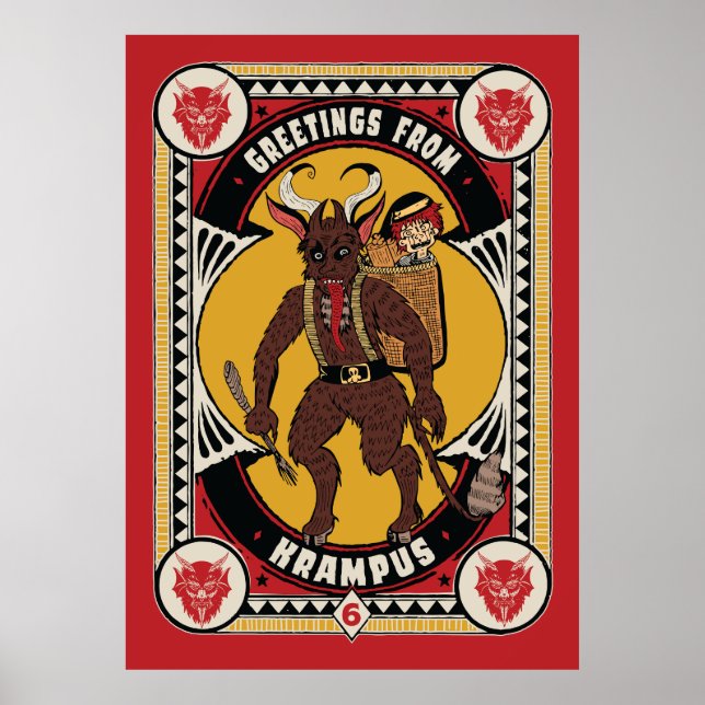 Affiche Signe de Noël de Krampus portant des jouets (Devant)