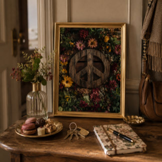 Affiche Signe de paix en bois rustique avec fleurs sauvage