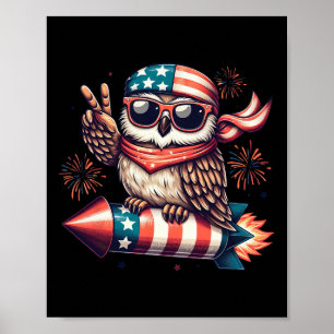 Affiche Signe de Paix Main Hibou Feu d'Artifice Américain