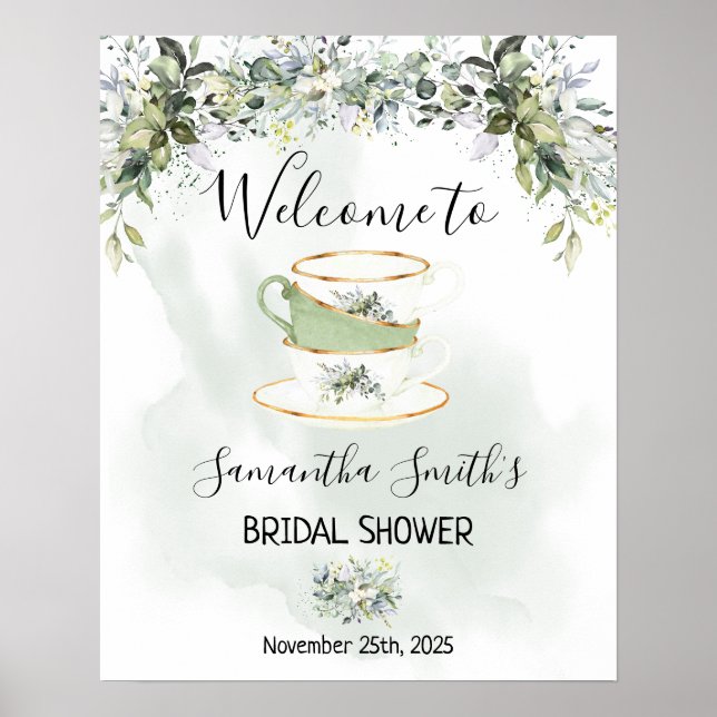 Affiche Signe de thé d'accueil Eucalyptus succulent vert (Devant)