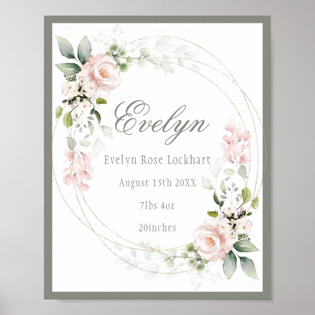 Affiche SIGNE Faire-part de naissance Pink Floral Baby Gir (Devant)