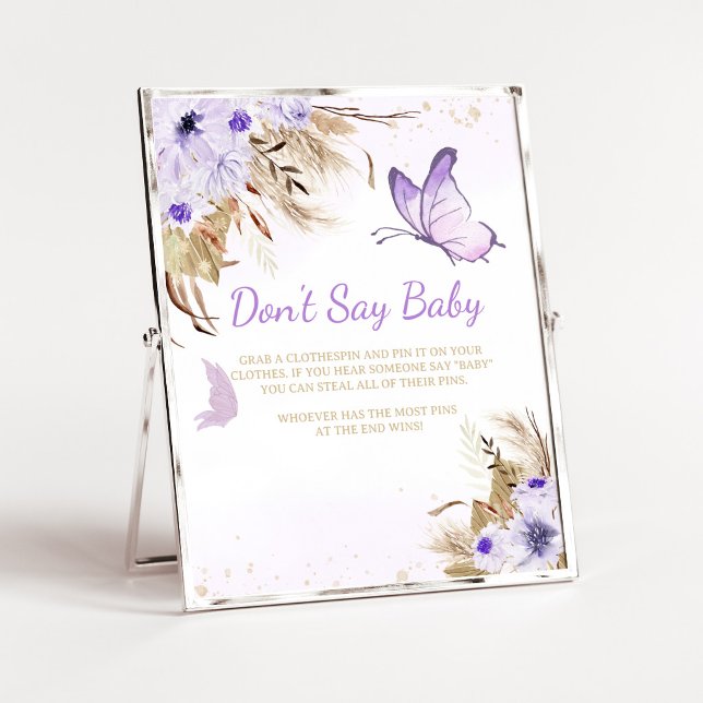 Affiche Signe 'Fête de Bébé Papillon Floral' sans le mot ' (Purple Butterfly Baby Shower Don't Say Baby Sign)