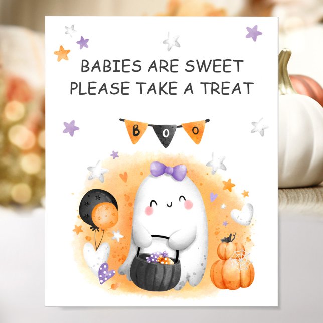 Affiche SIGNE Fille Halloween Petit Baby shower Fantôme Fa (Halloween Girl Baby Shower Little Ghost Favor Sign)