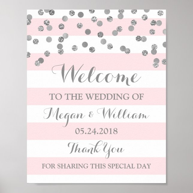 Affiche SIGNE Mariage D'ACCUEIL Pink Stripe Argent Confett (Devant)