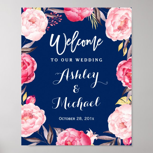 Affiche SIGNE Mariage Floral bleu marine moderne (Devant)