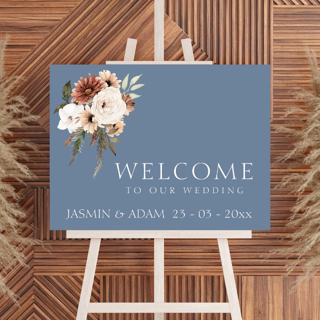 Affiche SIGNE Mariage Floral Rustique Dusty Blue Peach (Elegant Dusty Blue Peach Floral Wedding Sign)