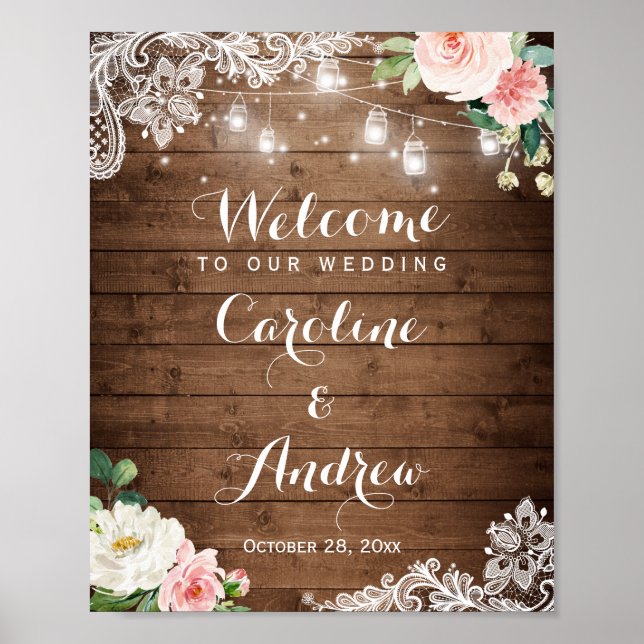 Affiche SIGNE Mariage Floral Rustique Mason Jar Lights (Devant)