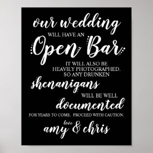 Affiche SIGNE mariage Open Bar Funny Drunken Shenanigans