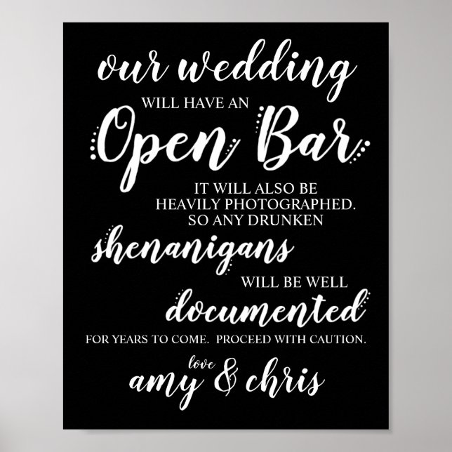 Affiche SIGNE mariage Open Bar Funny Drunken Shenanigans (Devant)