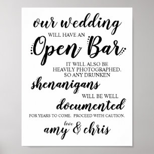Affiche SIGNE mariage Open Bar Funny Drunken Shenanigans