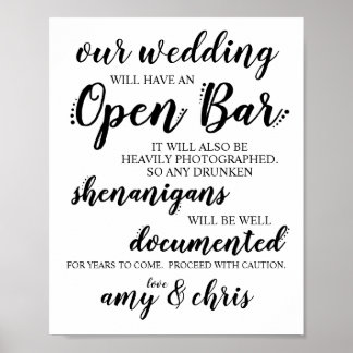 Affiche SIGNE mariage Open Bar Funny Drunken Shenanigans