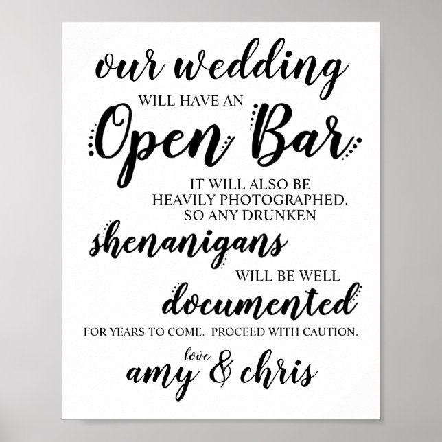 Affiche SIGNE mariage Open Bar Funny Drunken Shenanigans (Devant)