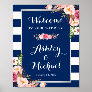 Affiche SIGNE Mariage Pink Floral Silver Navy Bleu Stripes