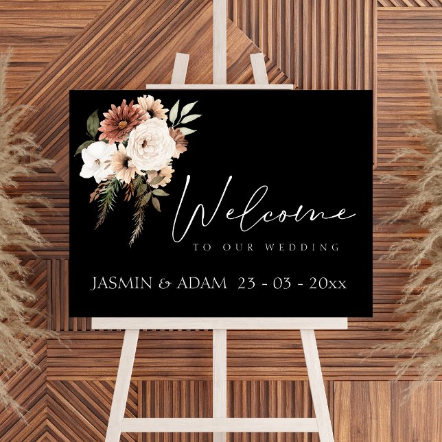 Affiche SIGNE Mariage Rustique Noir et Pêche Floral (Rustic Black and Peach Floral Wedding Sign)