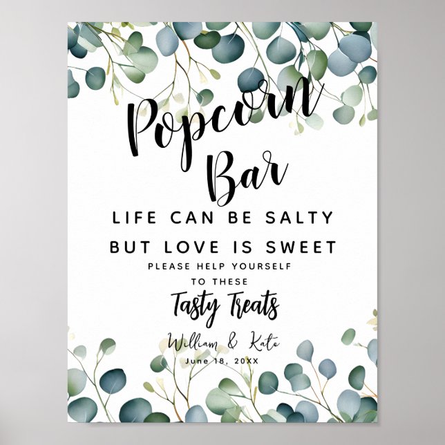 Affiche signe mariage vert Popcorn Bar eucalyptus (Devant)