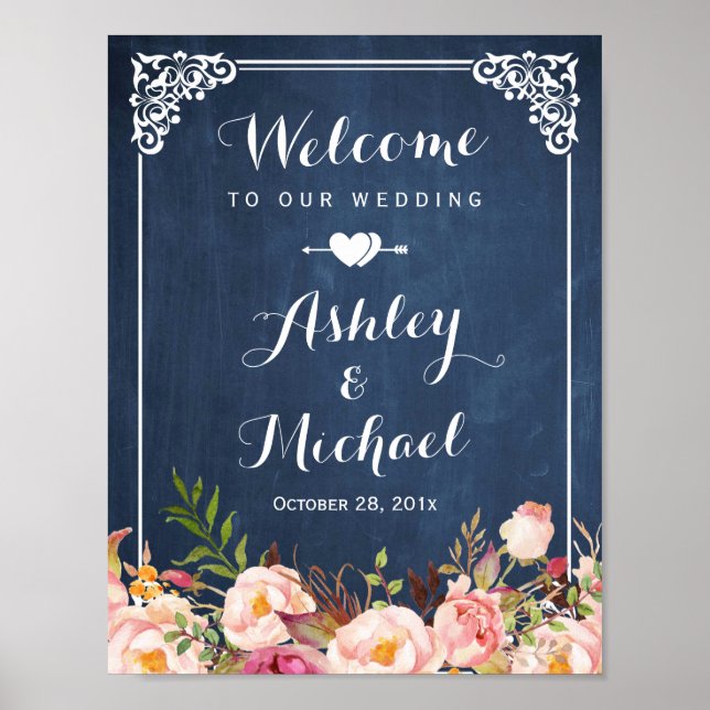 Affiche SIGNE mariage Vintage Bleu Chalkboard Floral (Devant)