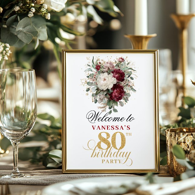Affiche Signe moderne boho blush burgundy 80e anniversaire (Modern boho blush burgundy 80th birthday 8x10 welcome sign)