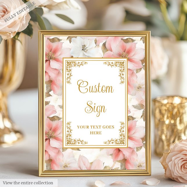 Affiche Signe moderne boho rose roux or 8x10 (Modern boho dusty pink flowers gold 8x10 sign)