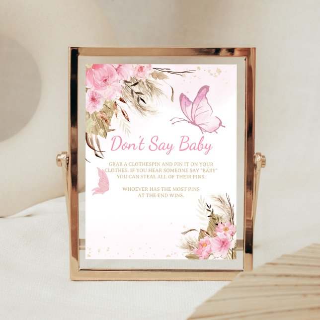 Affiche Signe Ne Dis Pas Bébé Fleurs Papillon pour Baby Sh (Pink Butterfly Baby Shower Don't Say Baby Sign)