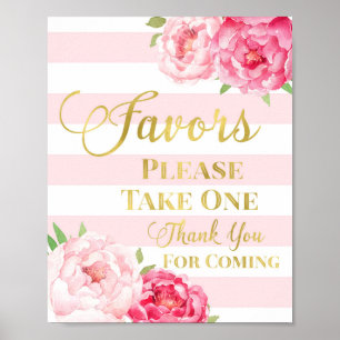 Affiche Signe or rose rayures Aquarelle Fleurs Faveurs Sig