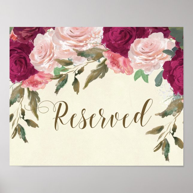 Affiche signe réservé mariage floral rose bordeaux (Devant)