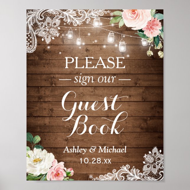 Affiche Signe Rustique Mason Jar Lights Floral Lace Livre  (Devant)