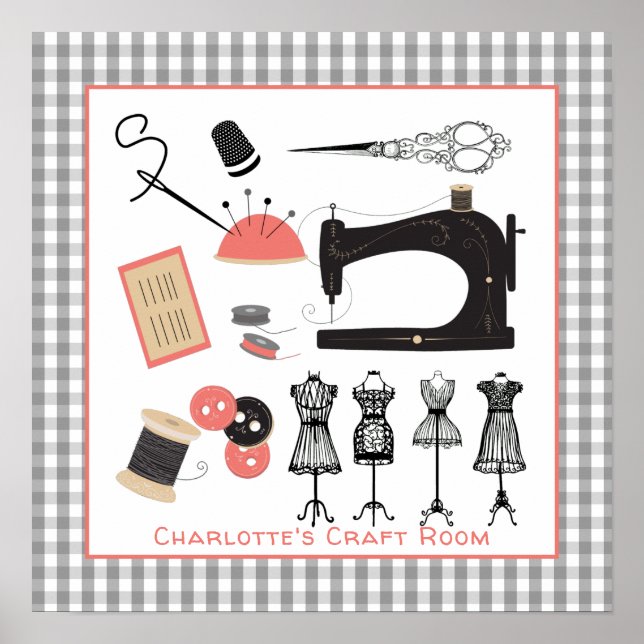 Affiche SIGNE vintage Crafty Sewing Room Personnalisé (Devant)