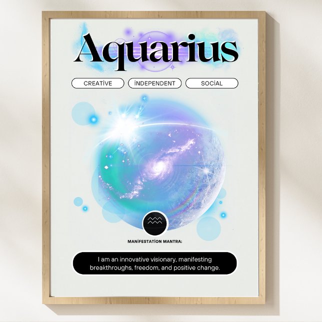 Affiche SIGNE Zodiaque Citation Aquarius (Zodiac Sign Aquarius Quote Air Element Poster)