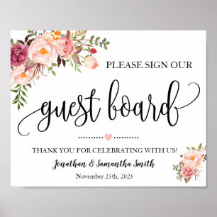 Affiche Signer notre wedding shower de pension rose floral